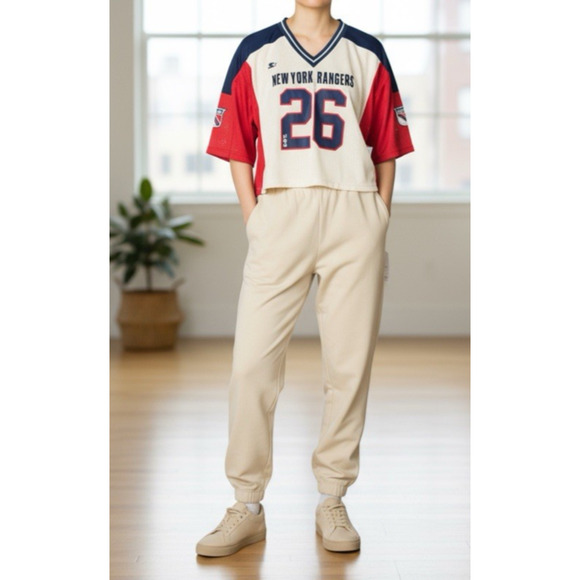 NWT Starter x New York Rangers Crop Top Jersey V-Neck Patch Embroidered Boxy M - Picture 2 of 9